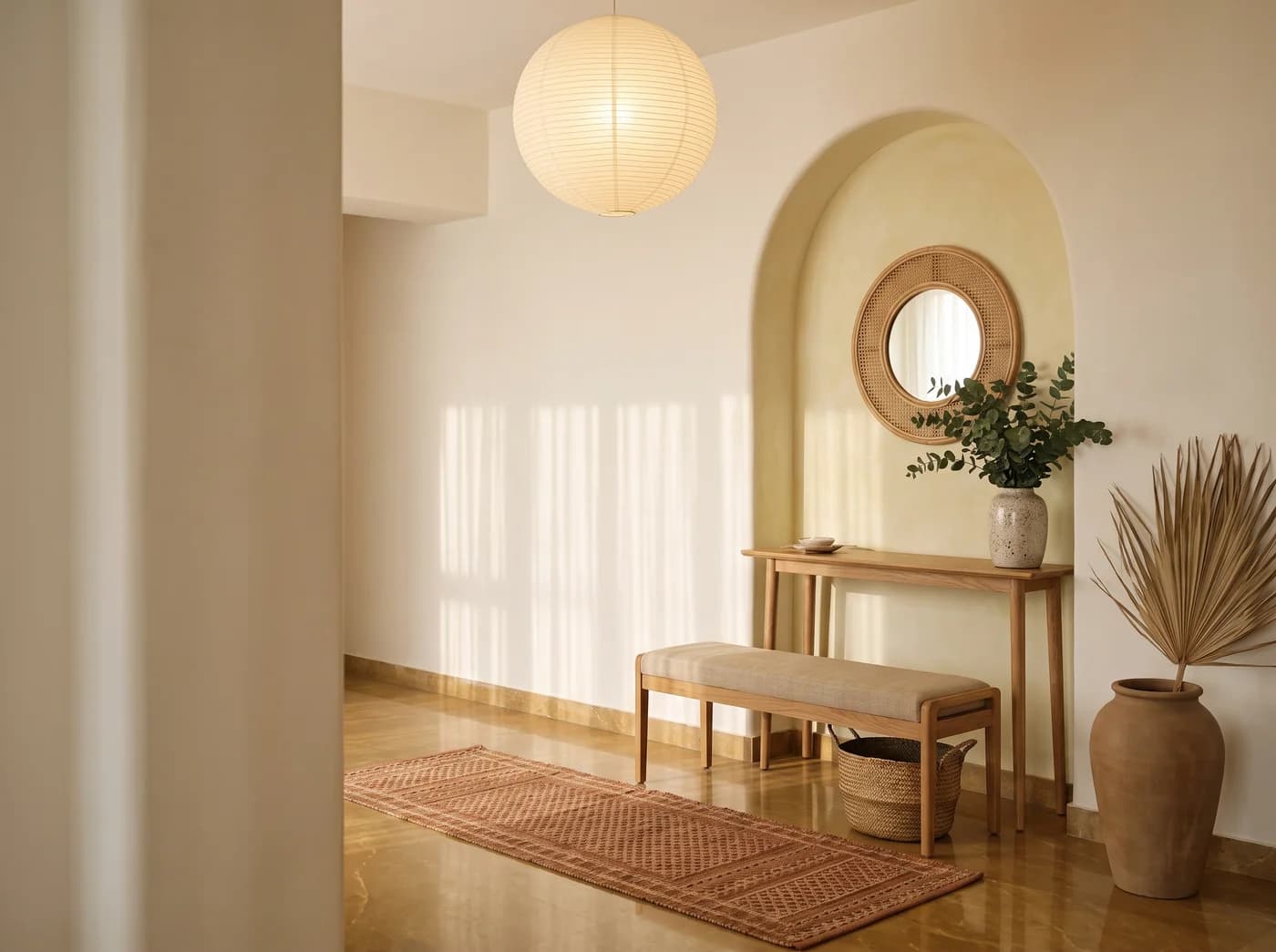 Japandi entry foyer with an arched niche in ochre lime wash holding a round rattan mirror and a freestanding oak console with a vase of eucalyptus, an oak bench with a linen seat in front of it, a woven basket beneath, a terracotta urn of dried palm, a paper lantern and a terracotta runner on a honed golden stone floor
