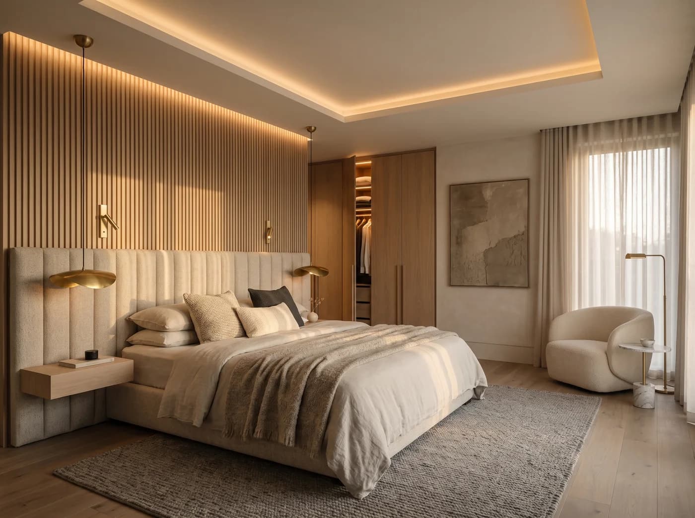 Soft minimalist bedroom with a fluted oak wall floor to cove, a channel-tufted headboard the width of the wall with floating oak bedsides, brass disc pendants and brass reading lights either side of the bed, a lit rift-oak wardrobe alcove with one door open, chalk plaster and an abstract canvas on the window wall, sheer curtains, an ivory bouclé armchair with a marble side table and a brass floor lamp, a chunky grey wool rug and a pale oak floor