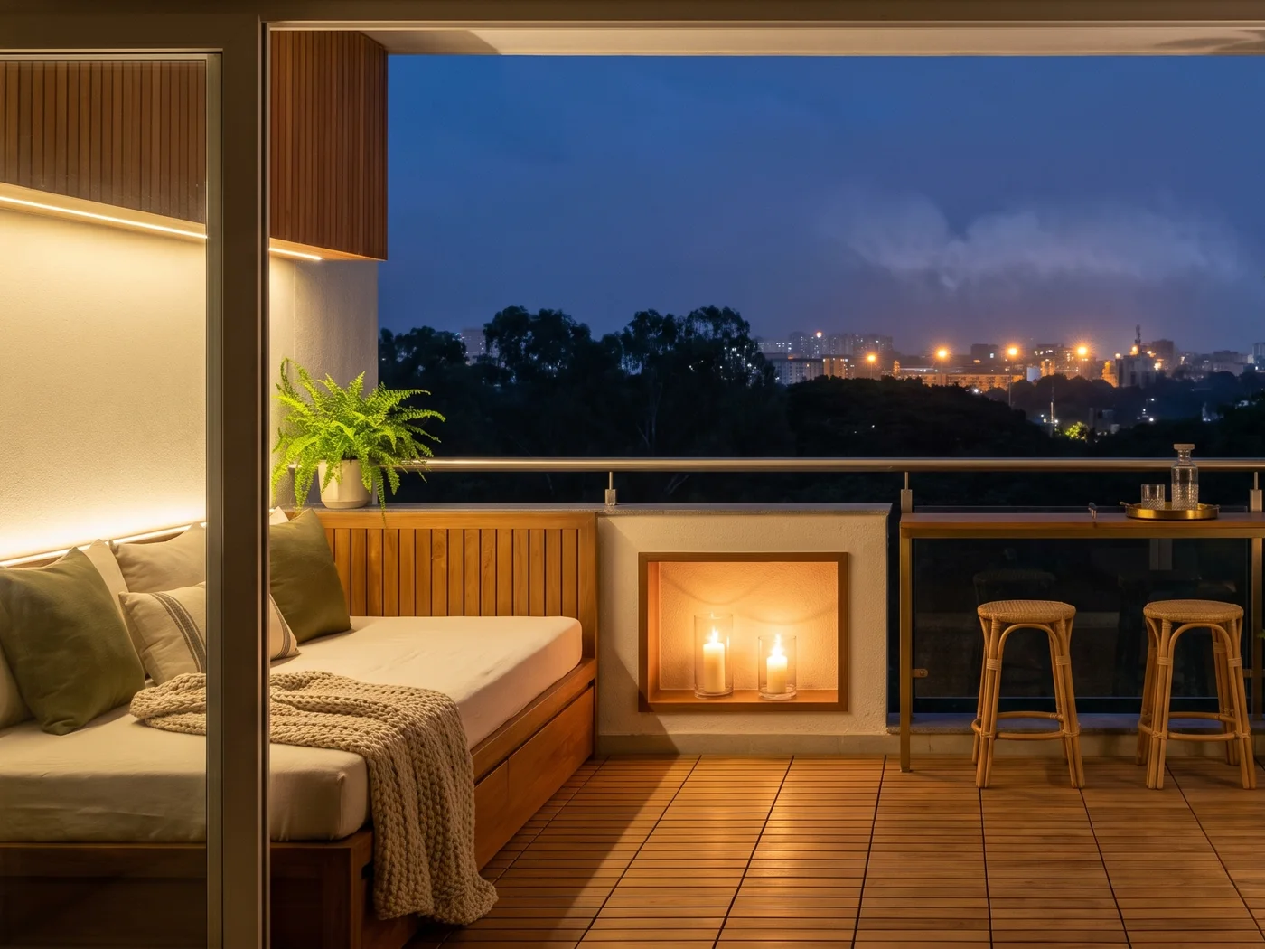 Apartment balcony at blue hour lit by concealed warm strips and candles in glass hurricanes: a built teak daybed with a slatted back, a linen mattress, olive and ivory cushions and a chunky knit throw under a teak-slat soffit box with a light line, a lit teak-lined niche in the plaster parapet, a brass and teak drinks ledge with two cane stools along a glass railing, a fern in a white pot, teak deck tiles and the lit Bengaluru skyline beyond a dark tree line