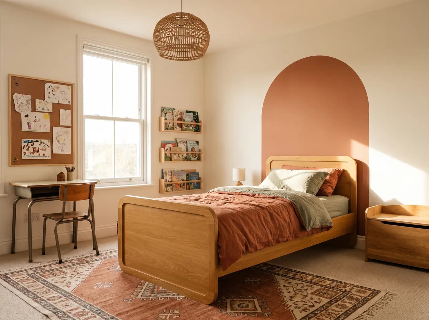 Kids bedroom with a terracotta arch painted behind a solid oak single bed in rust and sage linen, a vintage steel-and-oak school desk and chair under an oak-framed cork pinboard by a white sash window, three oak book ledges, a rattan pendant, an oak toy chest and a terracotta kilim over a cream carpet