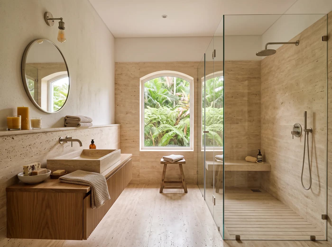 Spa bathroom in warm travertine to a dado and full height in the shower, lime-washed walls above, a floating fluted-oak vanity with a carved stone basin, a round mirror under a brass-armed sconce, a teak stool below an arched window and a frameless glass walk-in shower with a stone bench and a teak duckboard in morning light