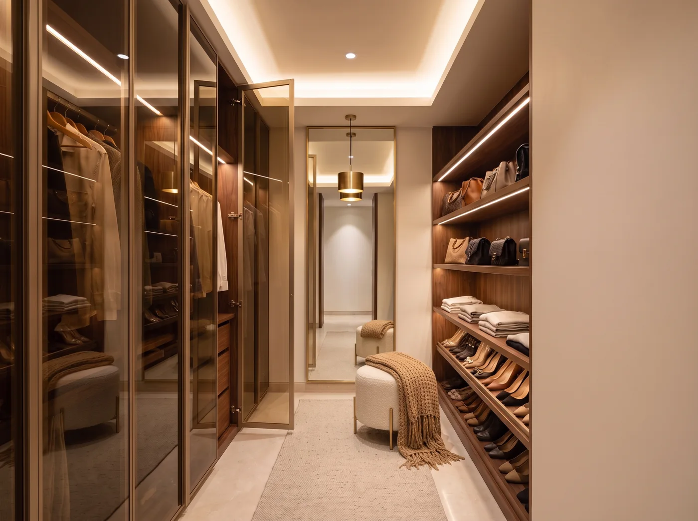Narrow walk-in wardrobe at night: a thirteen-foot run of floor-to-ceiling wardrobes in smoked bronze lacquered glass on slim champagne aluminium frames, a walnut carcass with hanging shirts, folded knits and drawers glowing through them, one door open; shallow walnut shelves on the facing wall lit from the edge, holding handbags, folded linen and shoes on angled shelves; a full-height brass-framed mirror and a brass drum pendant on the end wall, a small ivory bouclé ottoman with a camel knit throw over it in front of the mirror, a cove-lit ceiling and an oatmeal wool runner on a pale stone floor