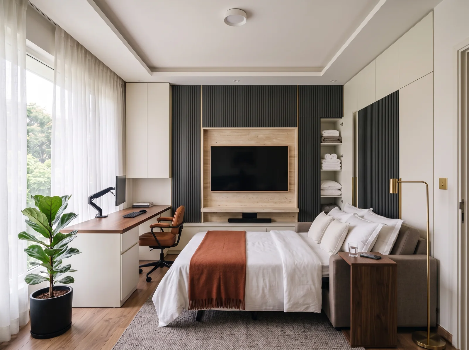 The same room as a guest room: the sofa-cum-bed pulled out to a queen bed dressed in white linen with a rust throw, a walnut side table with a glass of water and a phone, the right-hand fluted panel of the media wall open as a cupboard of towels and spare bedding, the television dark and the desk clear with its monitor folded flat