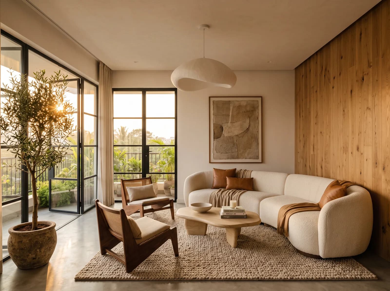 Golden-hour living room with a bookmatched oak wall, a sculptural plaster pendant, a curved ivory bouclé sofa with caramel leather cushions and an olive tree