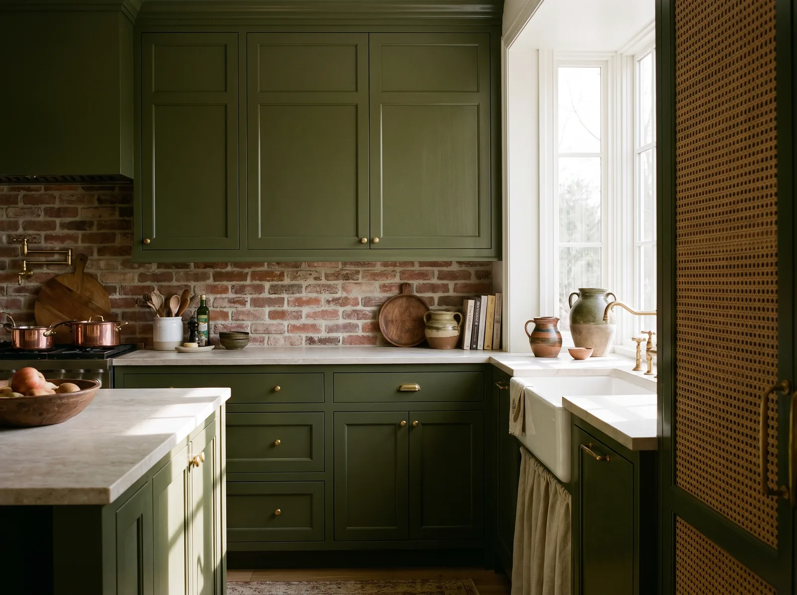 Olive-green framed kitchen cabinetry with aged brick, natural stone and brass tapware