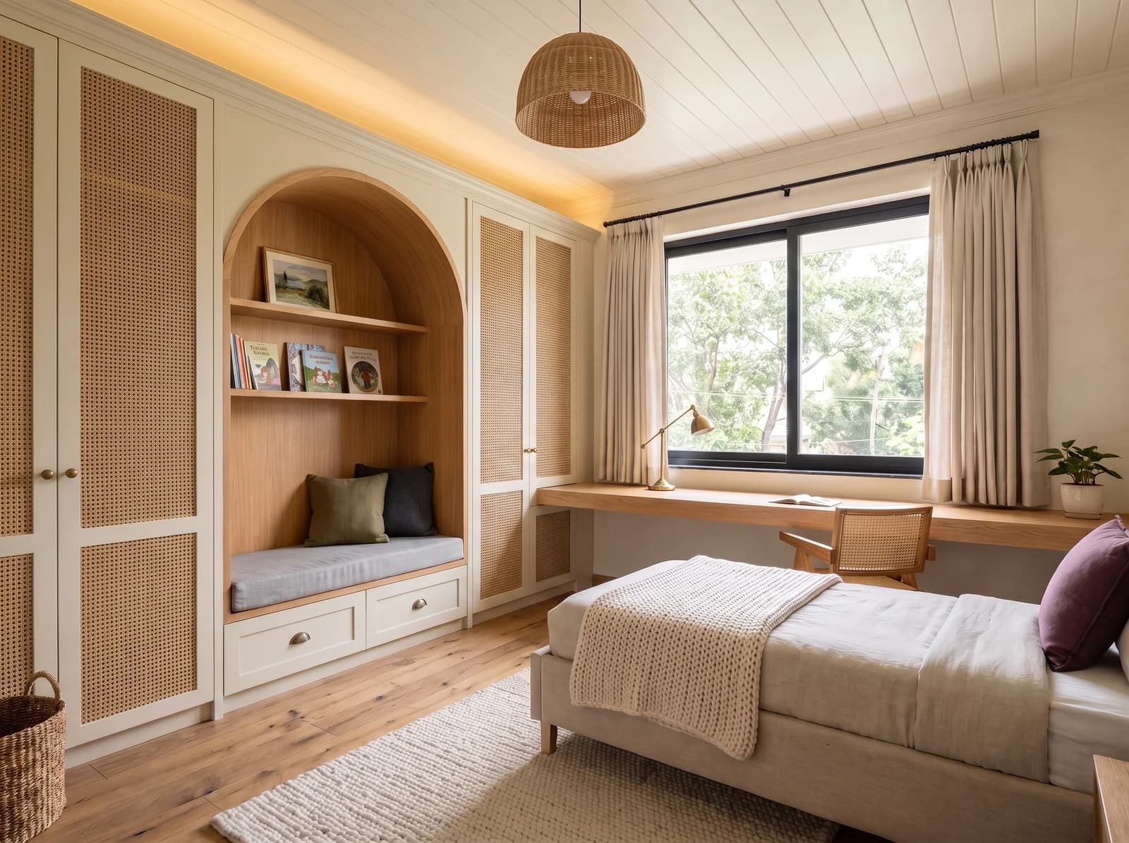 Children's room with one continuous built-in of cream shaker frames and woven rattan cane panels: wardrobes either side of an oak-lined reading arch with shelves of picture books, a grey seat cushion with olive and charcoal pillows over brass-pulled drawers, a cream tongue-and-groove ceiling with a rattan pendant, a built-in oak study desk with a brass lamp and a cane chair under a black-framed window onto trees, a single bed in oatmeal linen with a knit throw and a wool rug