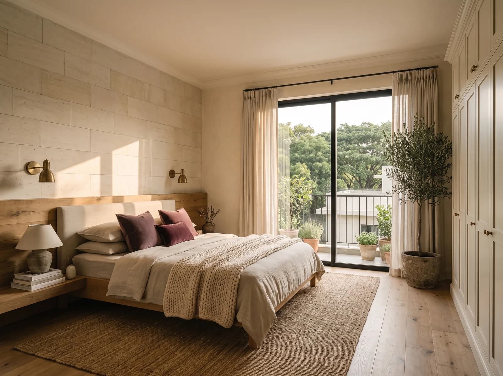 Primary bedroom with a honed limestone headboard wall in stacked courses, a floating reclaimed oak ledge with a stoneware lamp and books, aged brass wall lights, a low oak bed in oatmeal linen with plum cushions and a chunky knit throw, cream shaker wardrobes, an olive tree at a black-framed balcony door onto tree canopy and a jute rug in morning sun