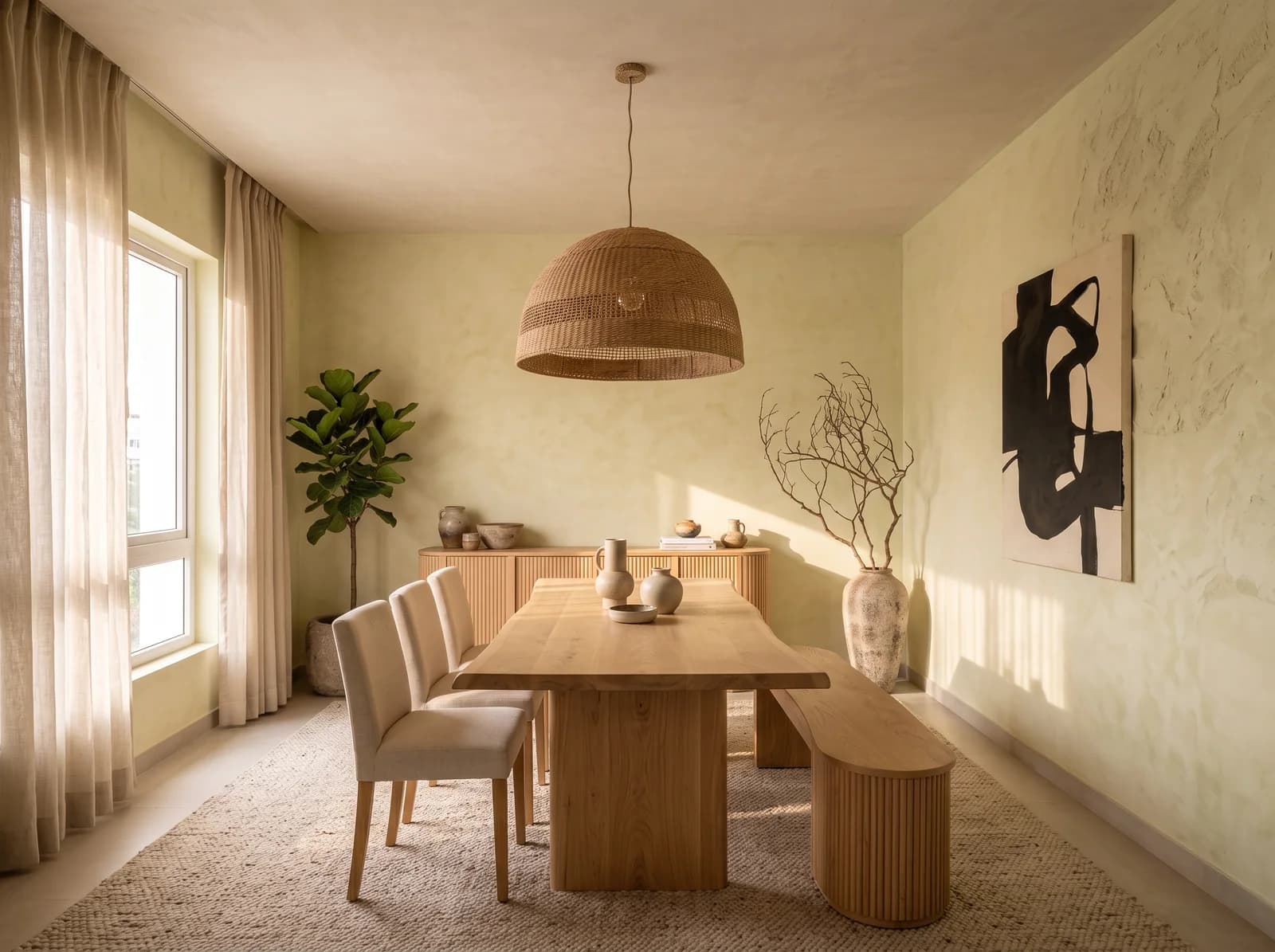 Japandi dining room with a live-edge oak table, a curved oak bench, a woven jute chandelier, a lime-washed wall and an ink-wash artwork