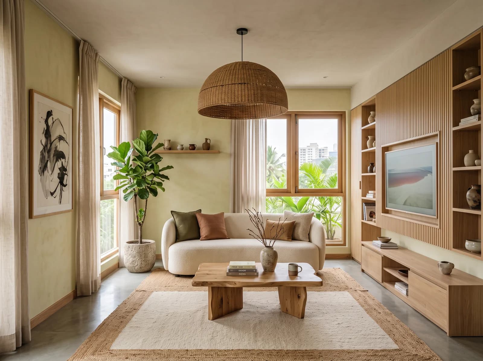 Japandi living room with a fluted oak media wall, a woven jute pendant, a curved ivory bouclé sofa, a fiddle-leaf fig and morning light through sheer linen