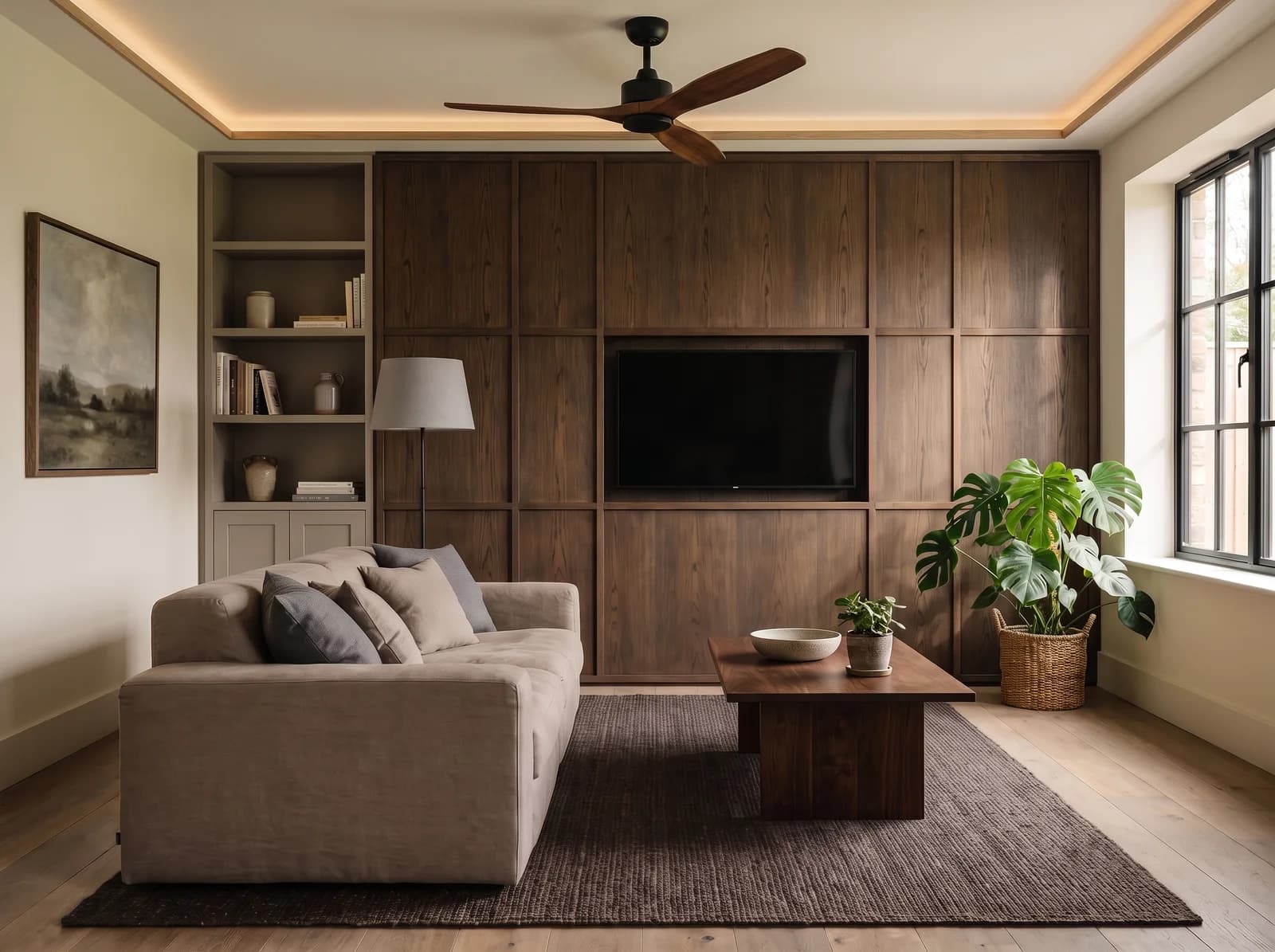 Family room with a wall of dark-stained oak veneer panels in a grid holding a recessed television, taupe-grey built-in shelves of books and stoneware, a recessed ceiling cove with a three-blade wooden ceiling fan, a large framed landscape oil beside a black steel window, a taupe linen sofa with grey cushions, a walnut coffee table, a monstera in a basket and a dark jute rug in daylight