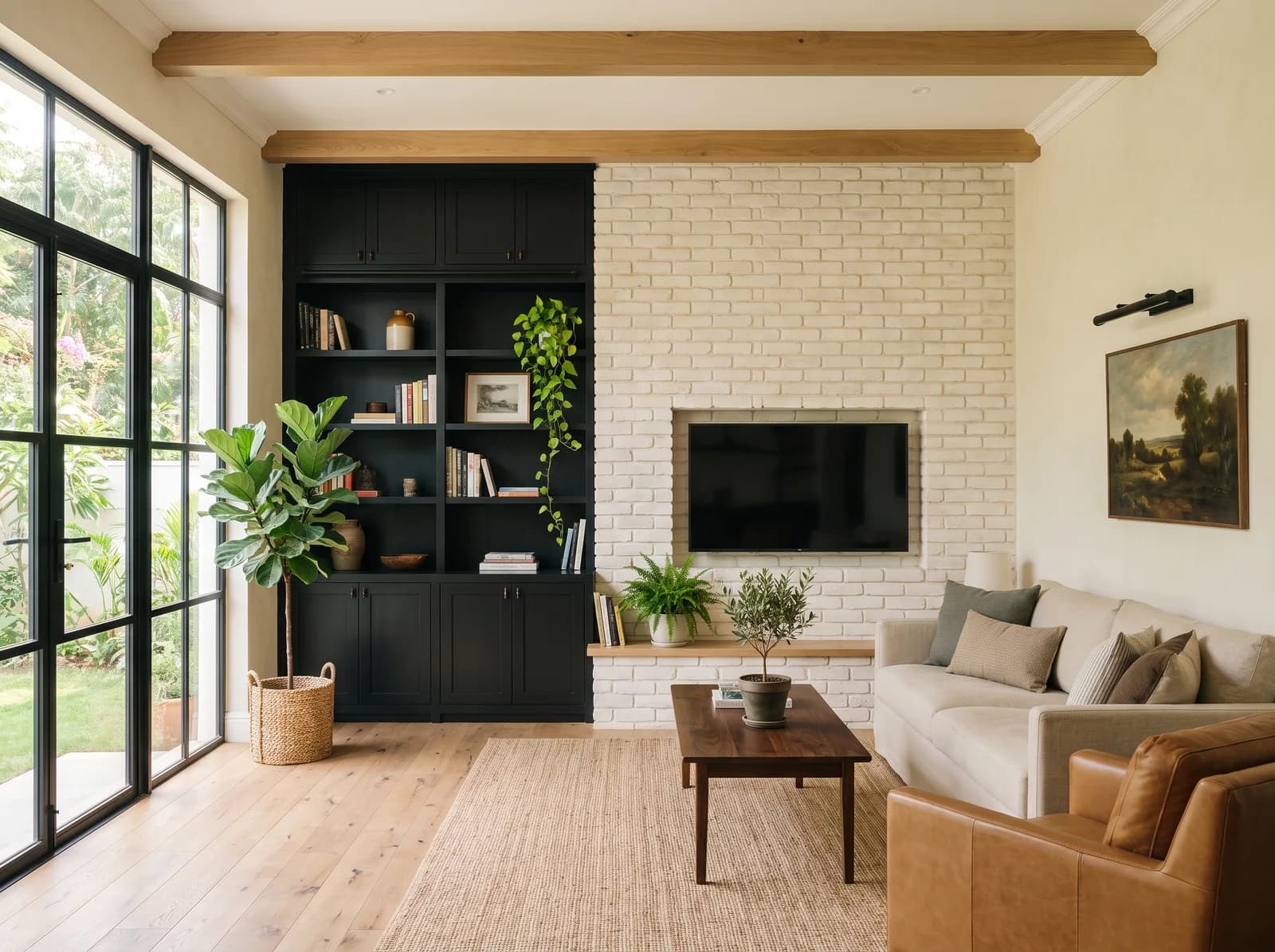 Daylit living room with a television set into a whitewashed brick wall above a pale oak ledge with a fern, a wall of true black shaker cabinets with shelves of books, stoneware and a trailing pothos, oak ceiling beams, a black iron picture light over a landscape oil, an oatmeal linen sofa, a caramel leather armchair, a walnut coffee table, a fiddle-leaf fig in a basket and a jute rug before black steel garden doors