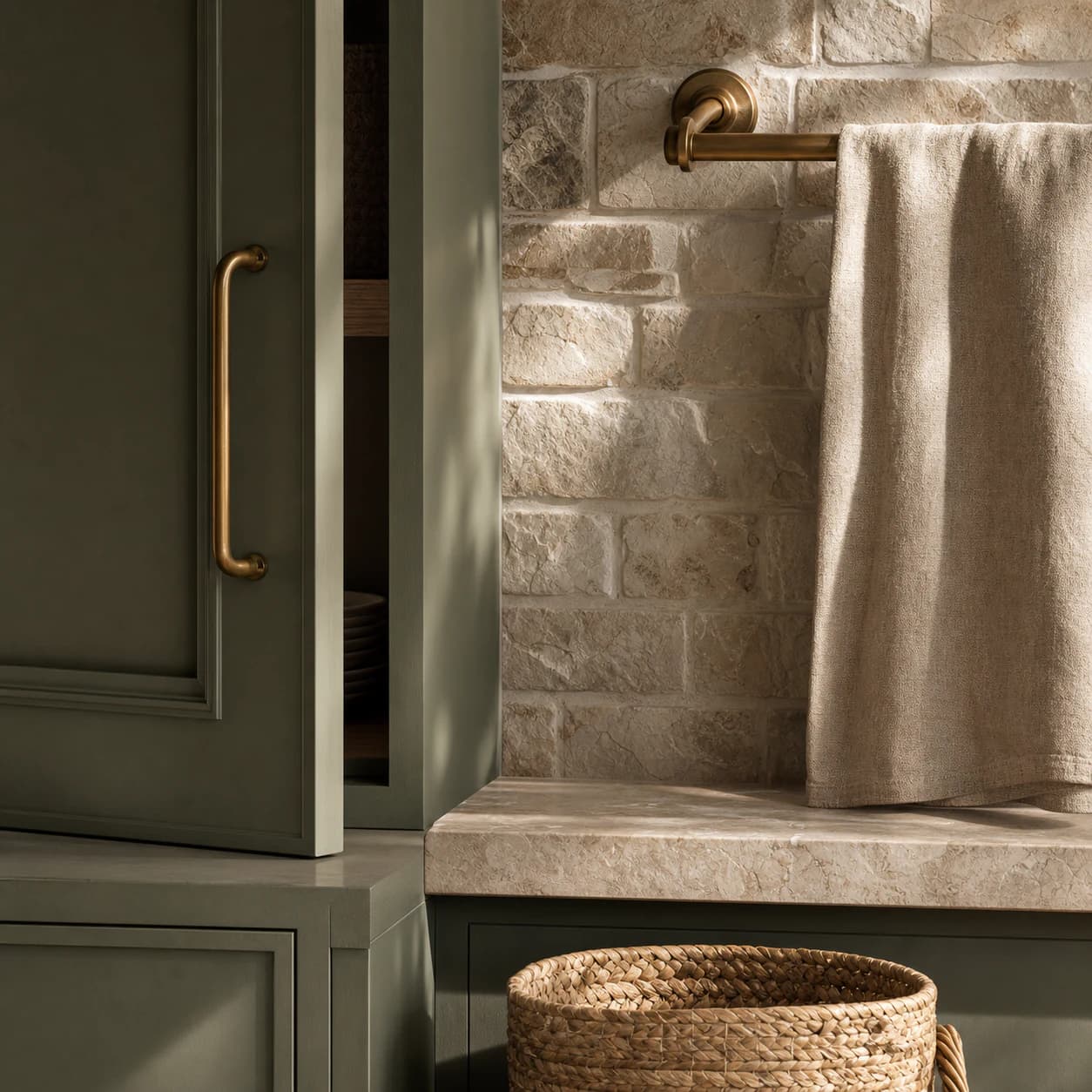 Élara olive cabinet shutter, aged brass hardware, natural stone, linen, and woven basket in soft daylight