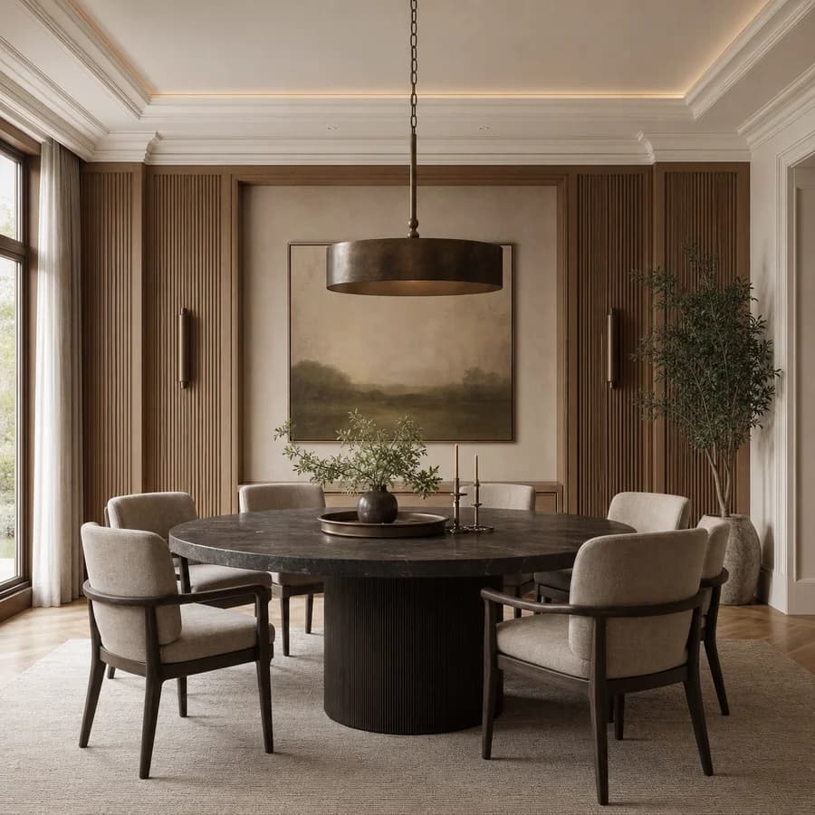 Contemporary classic dining room with fluted oak and bronze pendant