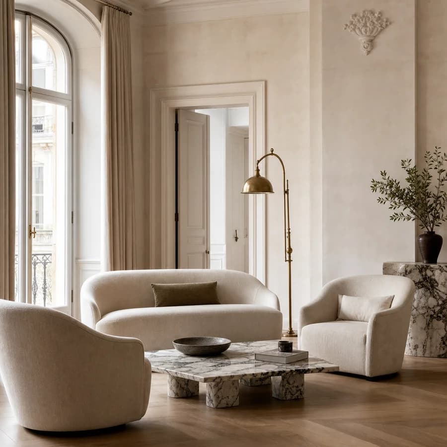 Quiet European sitting room with limestone walls and tailored seating