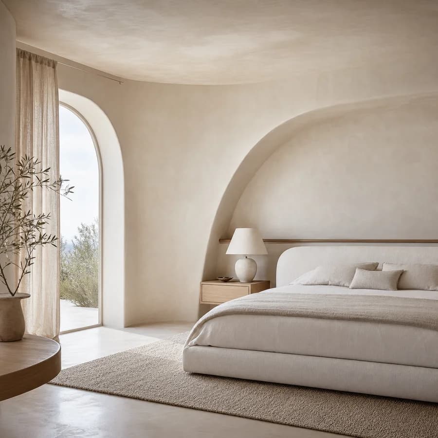 Soft minimalist bedroom with curved plaster architecture and linen bed