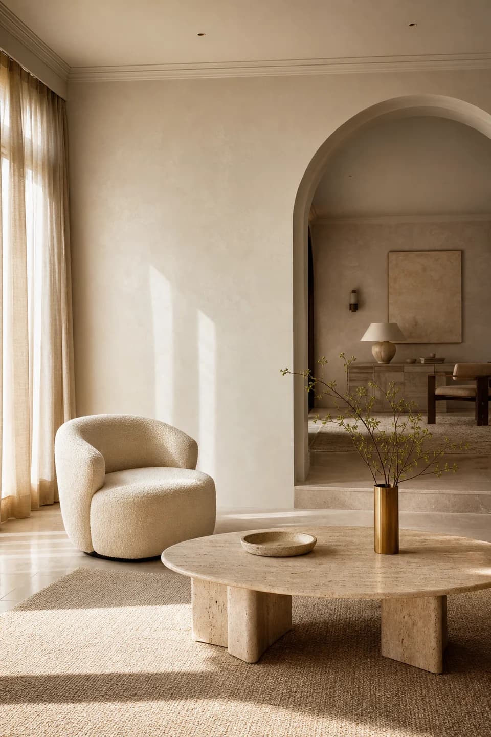 Warm limestone living space with soft bouclé seating, travertine, and a sculptural arch in natural daylight