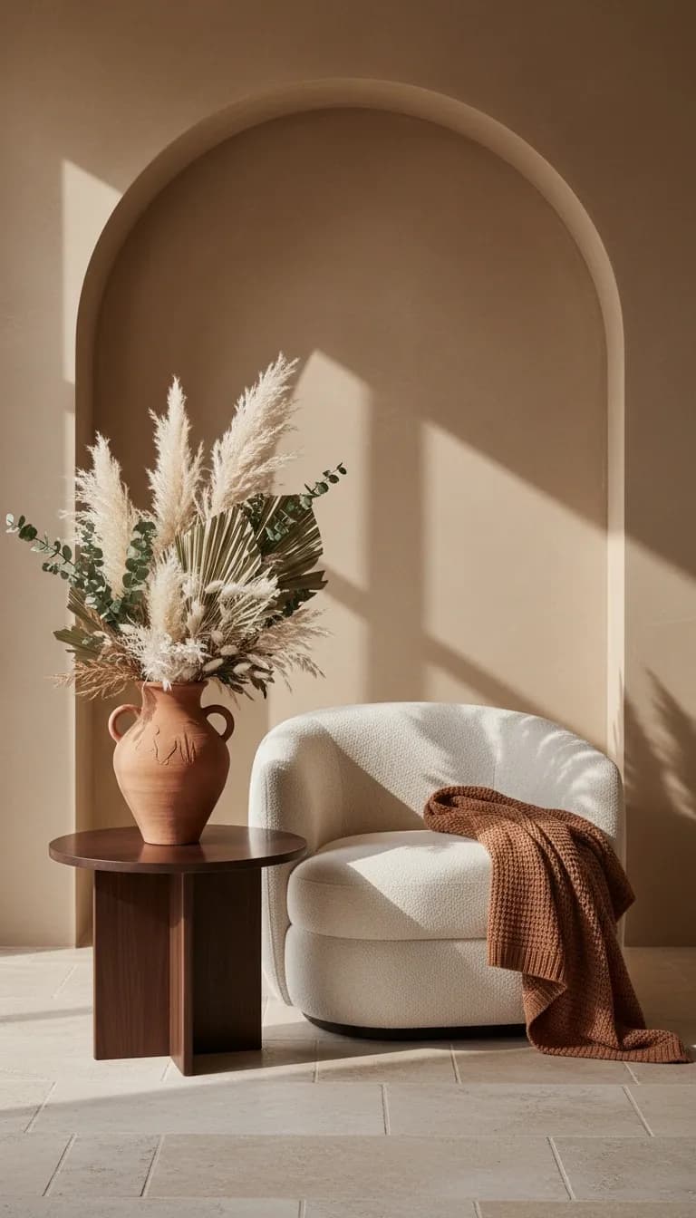 Bouclé armchair with a rust throw, a terracotta vase of dried grasses and a walnut side table in a plaster arch