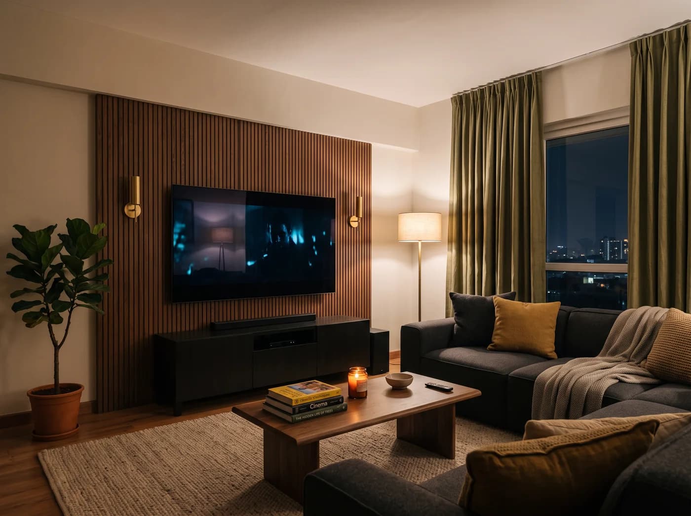 Media den at night with a screen set into a fluted walnut panel between two brass wall lights, a low black media console with a soundbar and a deep charcoal sofa, designed by Élara & Co.