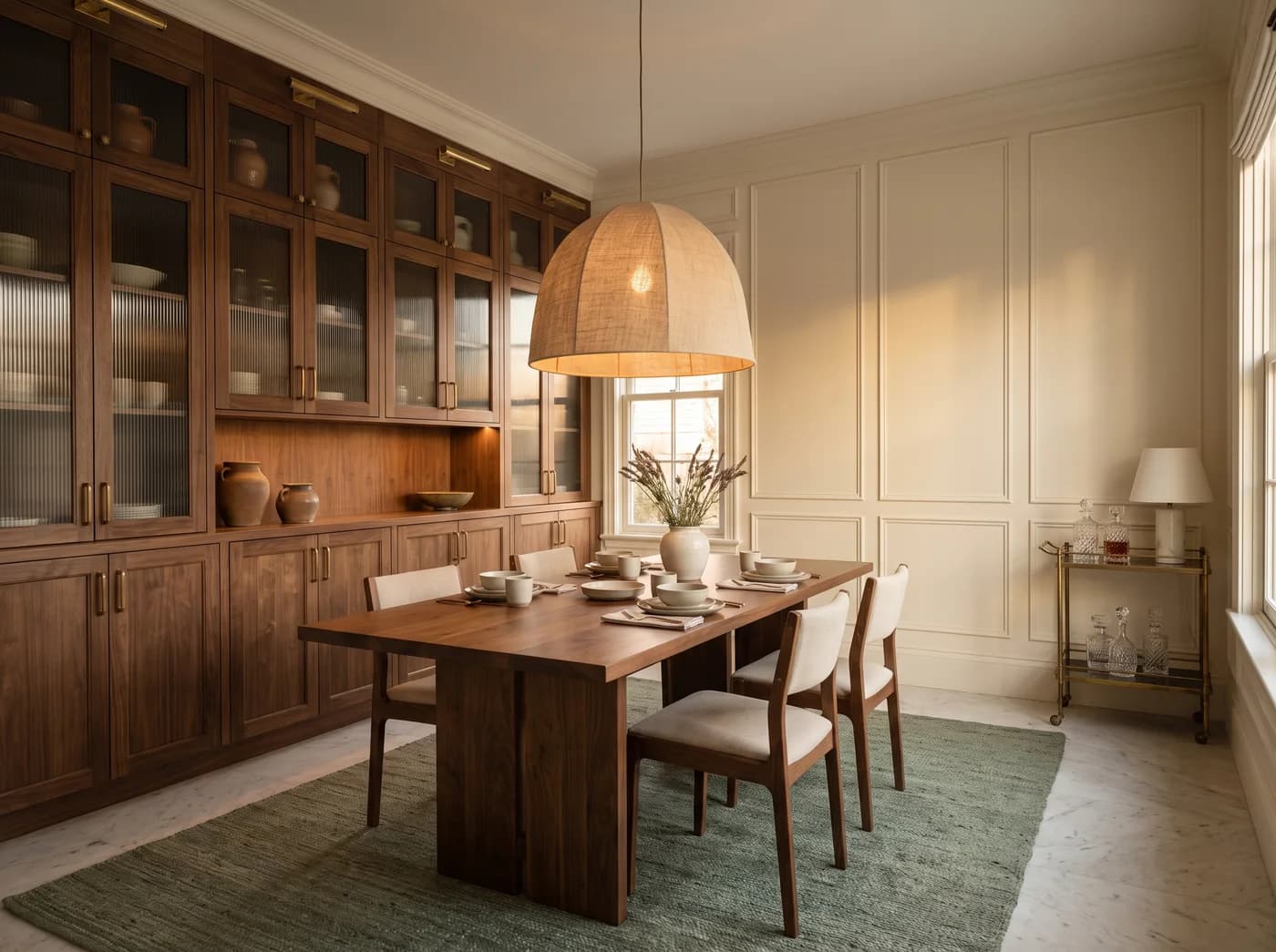 Quiet European dining room in limestone and walnut with a linen-shaded pendant, designed by Élara & Co.