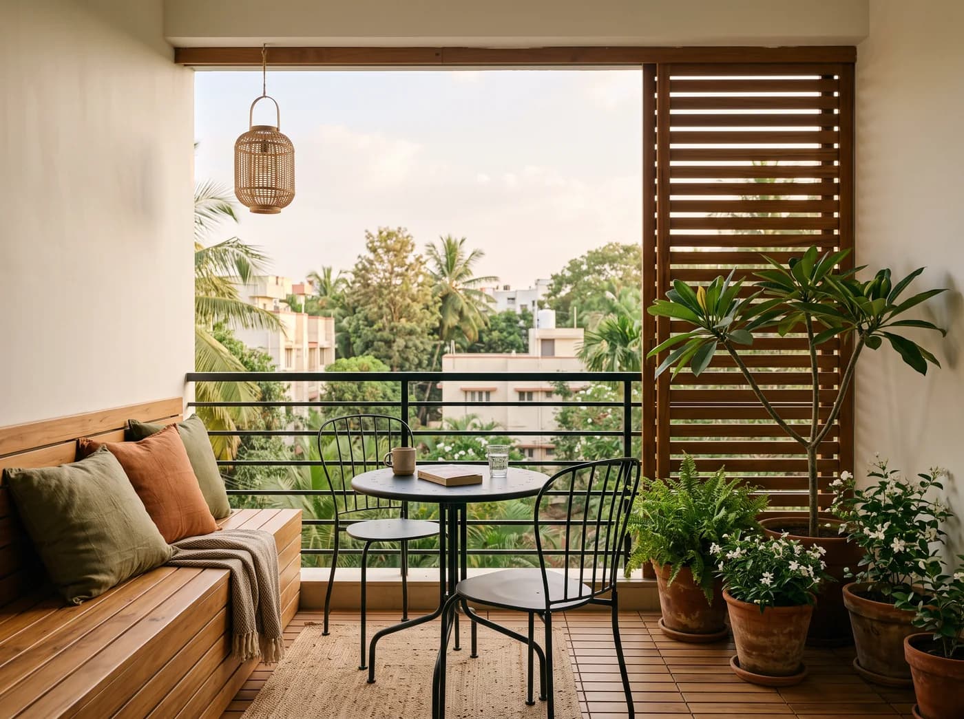 Planted apartment balcony with teak deck tiles, a built-in teak bench with linen cushions, a bistro table and terracotta pots in late afternoon light