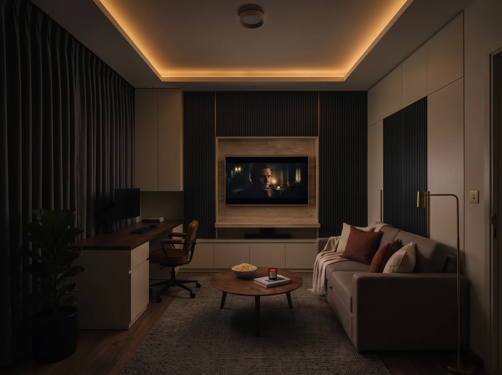 The same room at night in cinema mode: blackout curtains closed, the television on in the travertine niche, the charcoal fluted panels lit low by the ceiling cove, the sofa dressed with a wool throw, the brass floor lamp dimmed and the desk in shadow