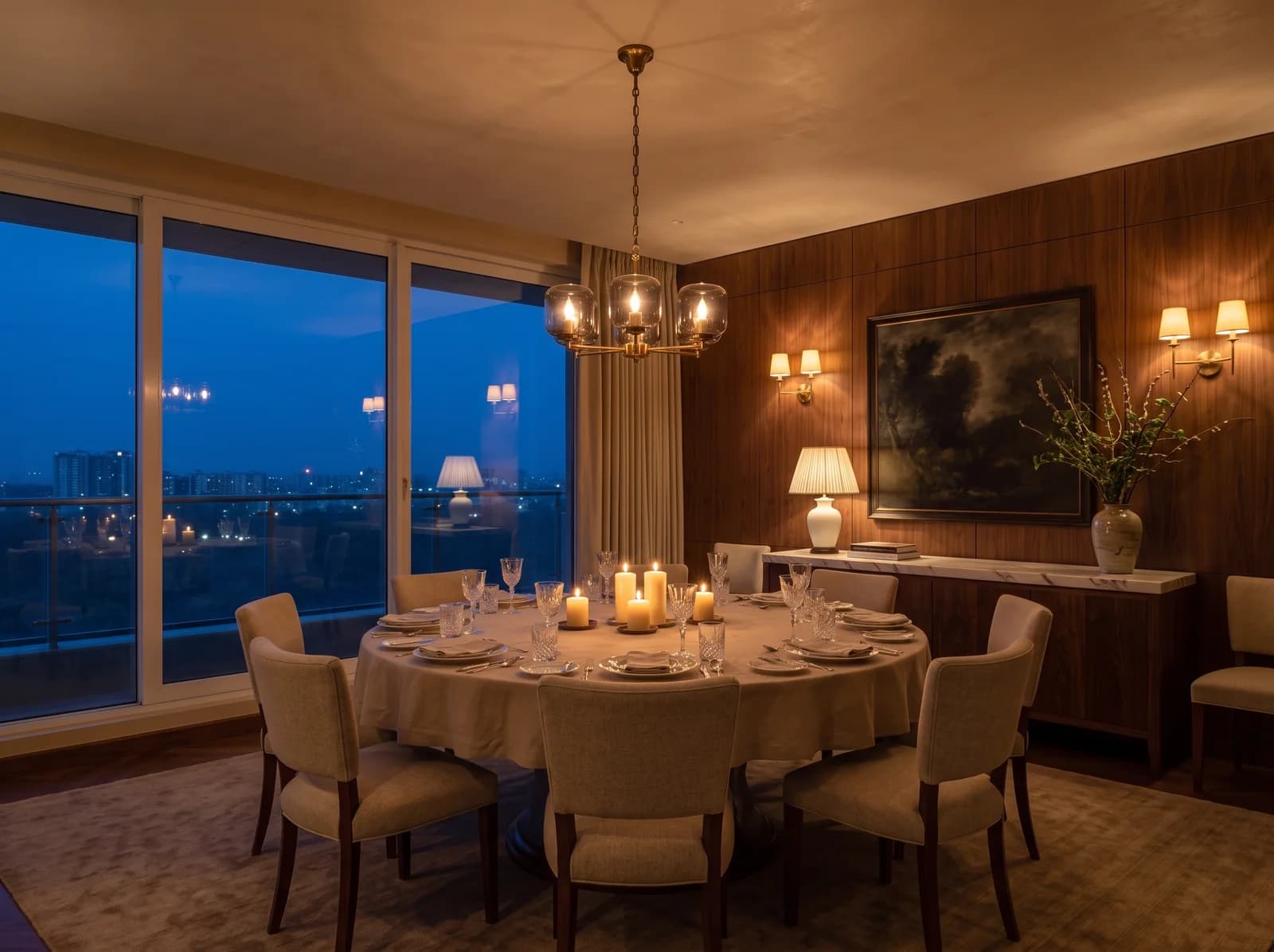 Evening dining room with a round walnut table set with candles, wool chairs, a brass and glass chandelier, walnut panelling with sconces and a lamp-lit sideboard