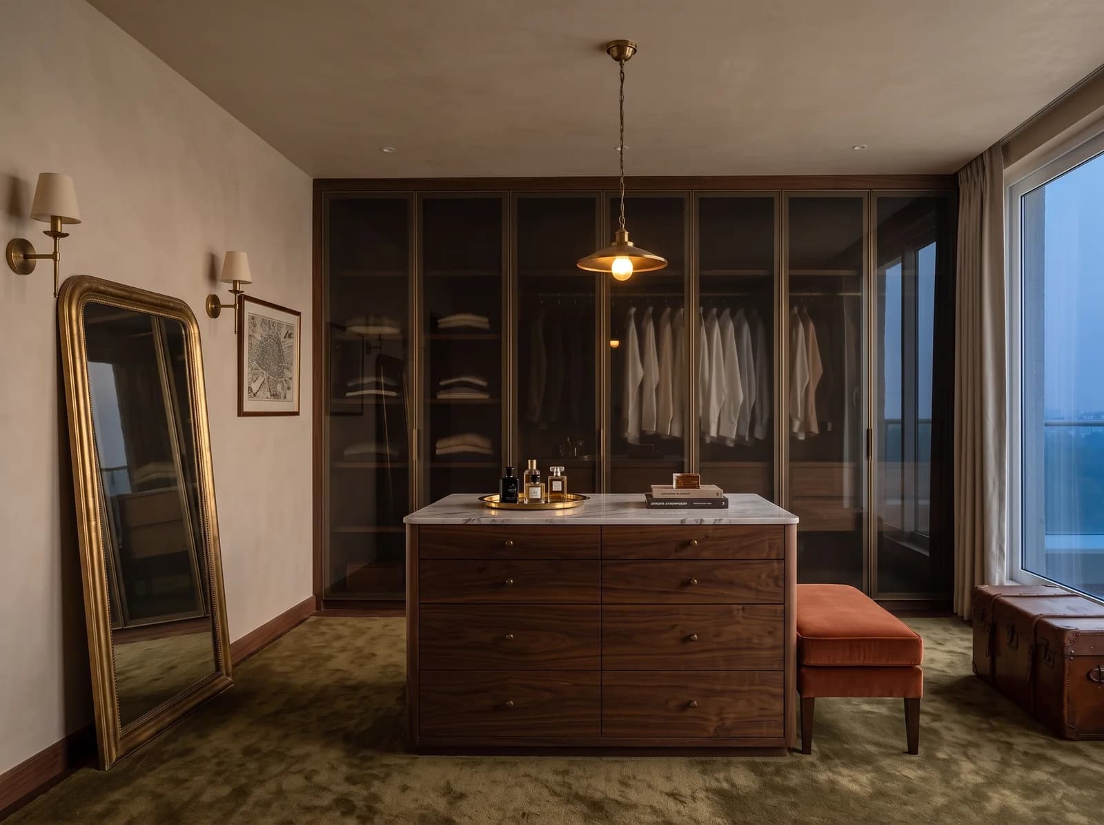 Dressing room with smoked-glass wardrobes of folded clothes and shirts, a walnut island with a marble top, a brass pendant, wall lights and a leaning brass mirror