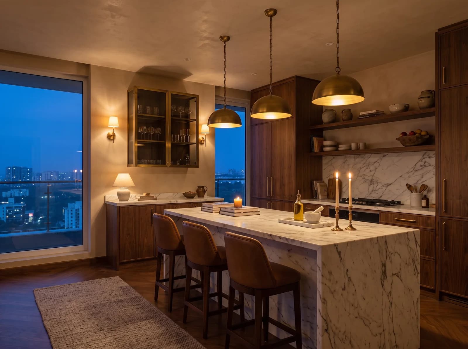 Evening kitchen with walnut cabinetry, a statuario marble island and splashback, brass dome pendants, a brass-framed glass cabinet and leather stools
