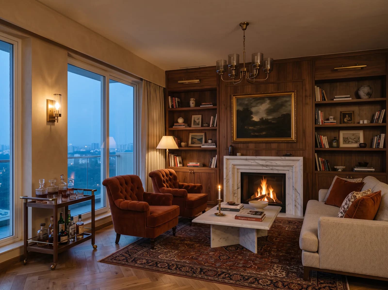 Evening penthouse living room in Indiranagar with layered light and a terrace beyond, designed by Élara & Co.