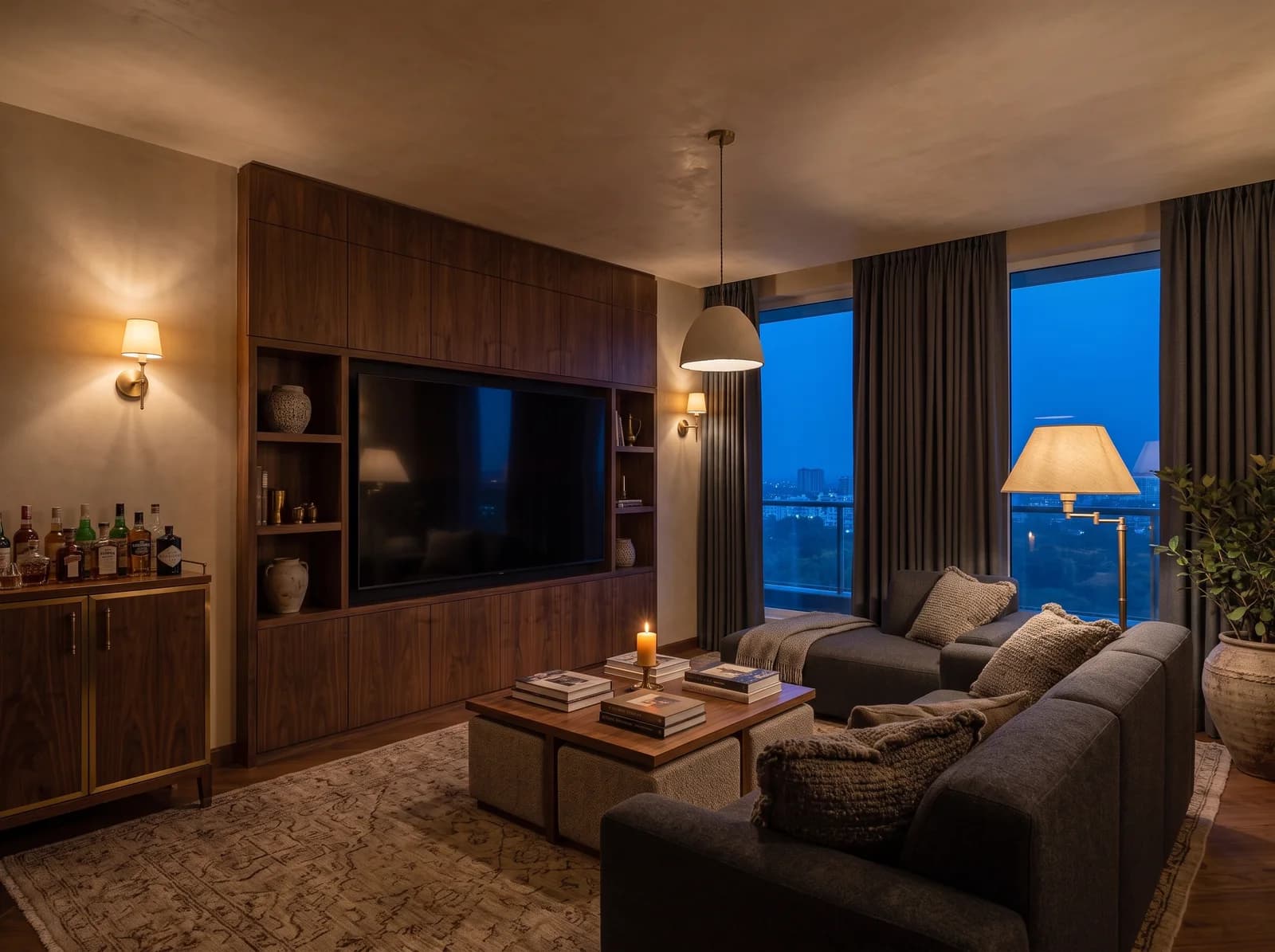 Media lounge with a screen set into a walnut wall, a charcoal wool modular sofa, brass wall lights, a floor lamp and a bar cabinet