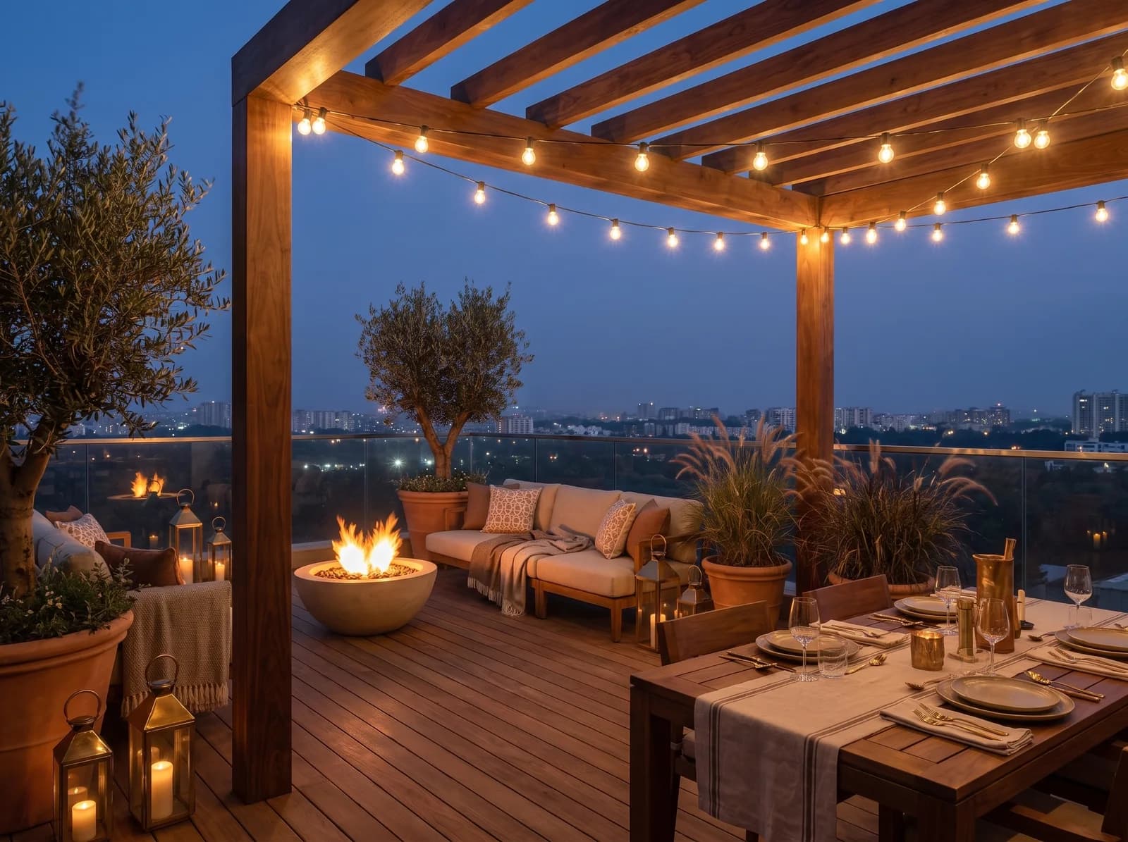 Penthouse terrace at dusk with outdoor seating, planting and warm light, designed by Élara & Co.