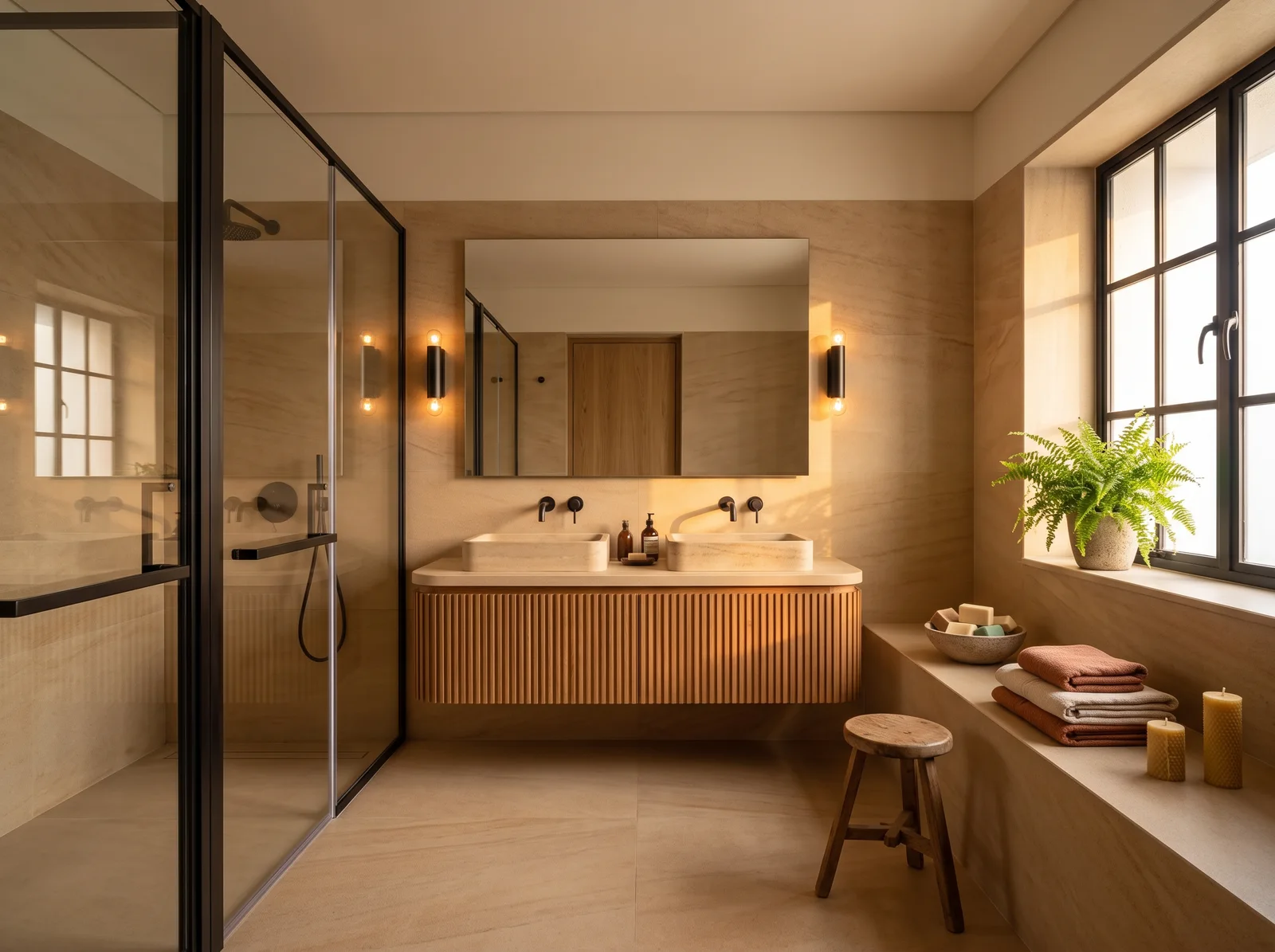 Bathroom in honed sandstone with a blackened steel framed shower screen, a floating oak vanity with twin stone basins, a wide mirror with steel wall lights and golden light from a steel-framed window