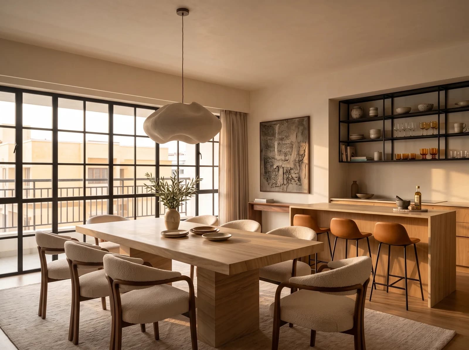 Open dining and kitchen at golden hour with a sandstone table and curved ivory chairs, a sculptural pendant, bookmatched oak cabinetry, a sandstone island with leather stools and blackened steel shelving
