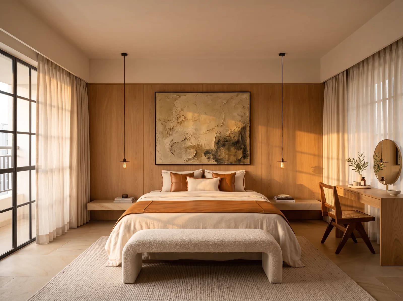 Golden-hour bedroom with a bookmatched oak headboard wall, slim black pendants, an ivory linen bed with caramel cushions, a bouclé bench and an oak vanity
