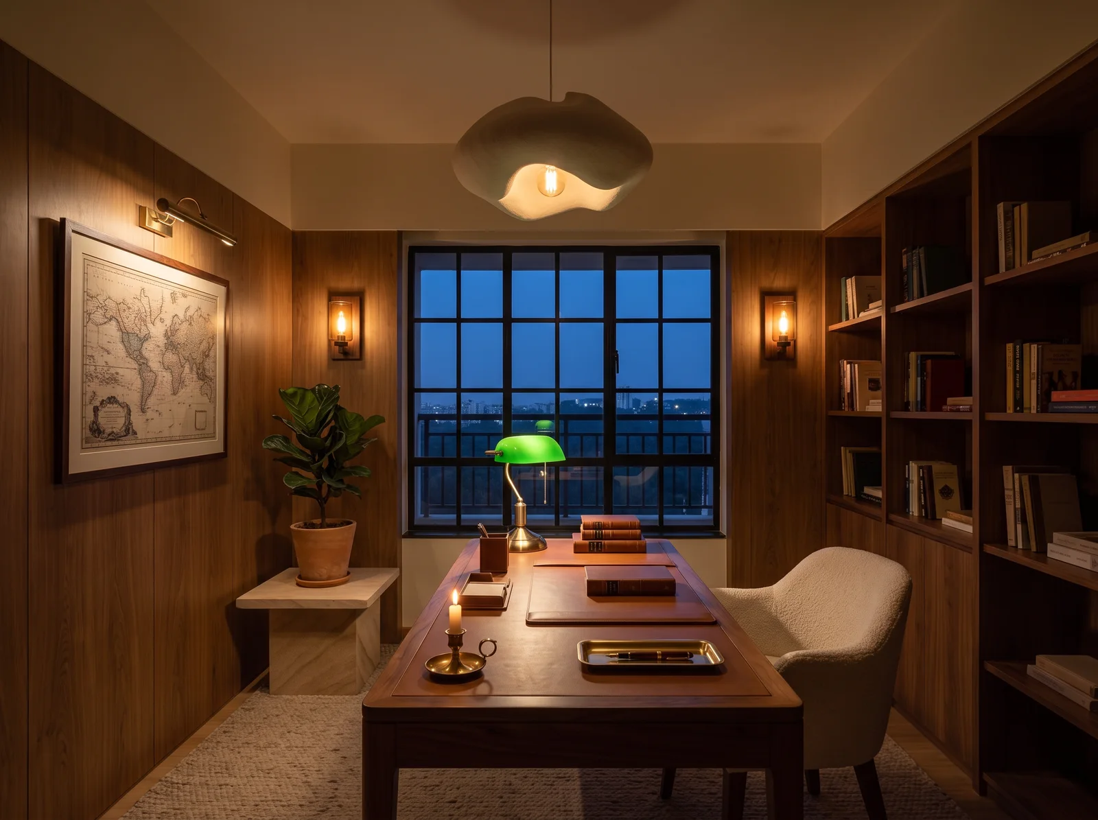 Walnut-panelled study with a wall of bookshelves, a leather-topped desk with a green glass lamp, a sculptural pendant, brass wall lights and a framed map at dusk