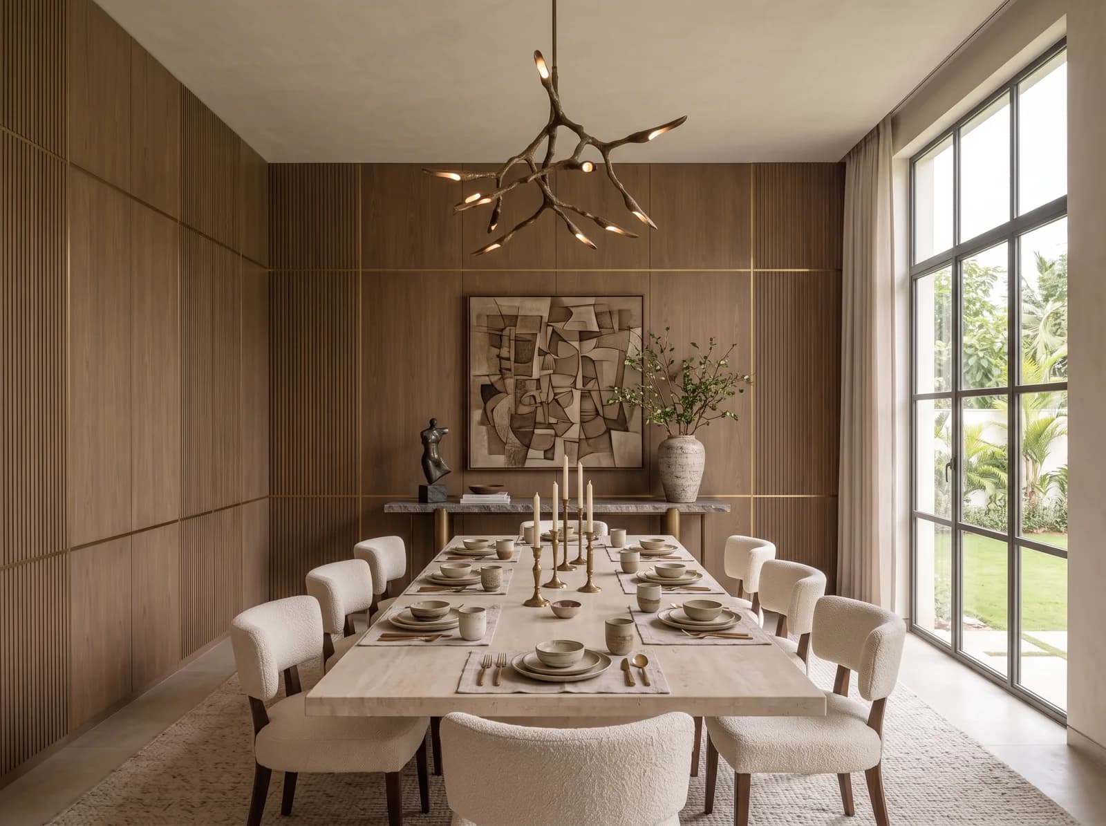 Dining room with fluted fumed oak panelling, a long limestone table with ivory bouclé chairs, a bronze branch chandelier, a stone console with a sculpture and a large abstract canvas
