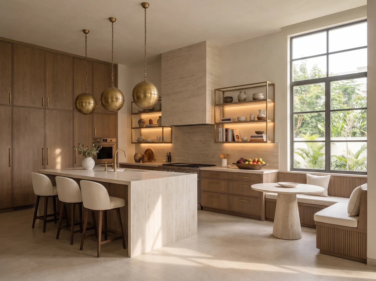 Kitchen with fumed oak cabinetry, a honed limestone island with waterfall ends, three brass globe pendants, lit brass-framed shelves and a fluted oak breakfast nook