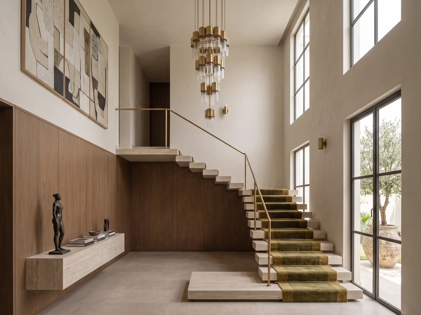 Limestone stair hall with a sculptural arch and a timber stair in a Yelahanka villa, designed by Élara & Co.