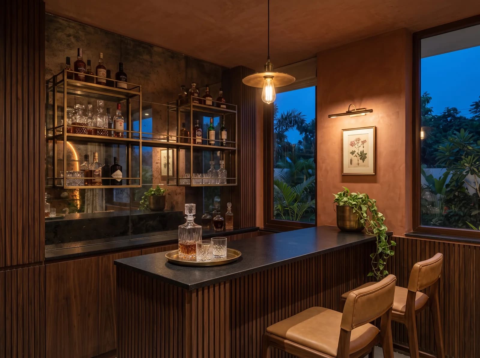 Home bar nook in dark fluted walnut with brass shelves of bottles and glassware, a black granite counter, leather-strap stools and a single brass pendant