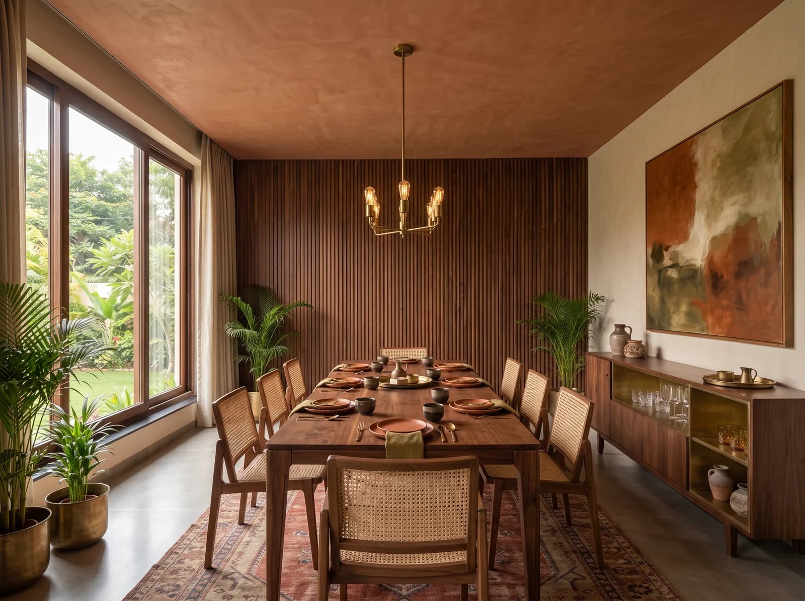 Earthy modern dining room with an olive-toned wall and a timber table, in a villa designed by Élara & Co.
