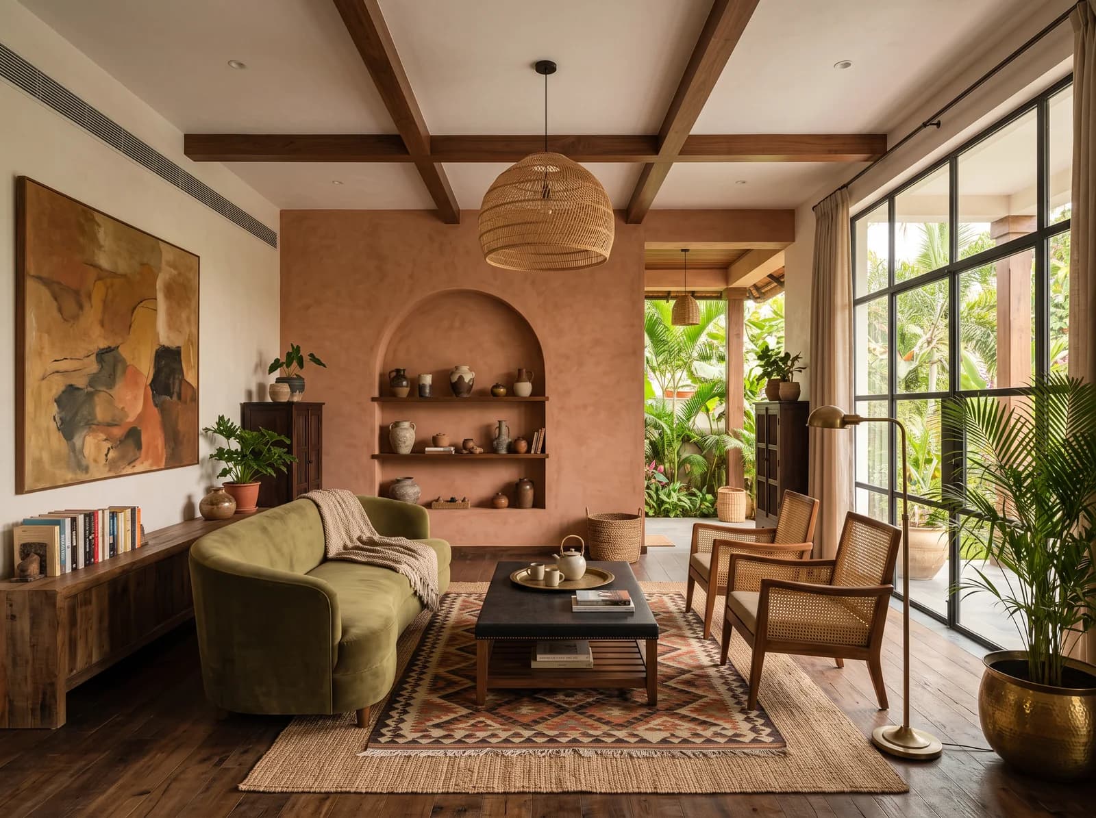 Olive-toned family room with built-in seating in a Sarjapur Road villa, designed by Élara & Co.