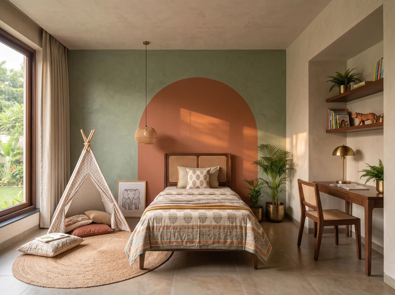 Child's bedroom with a painted terracotta arch on a sage wall, a cane-headboard bed, a study alcove with a walnut desk and a reading teepee