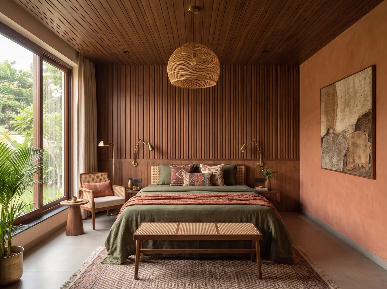 Earthy modern primary bedroom with a fluted walnut headboard wall and brass reading lights, a slatted walnut ceiling, olive linen bedding with a terracotta throw, a cane bench and a kilim rug