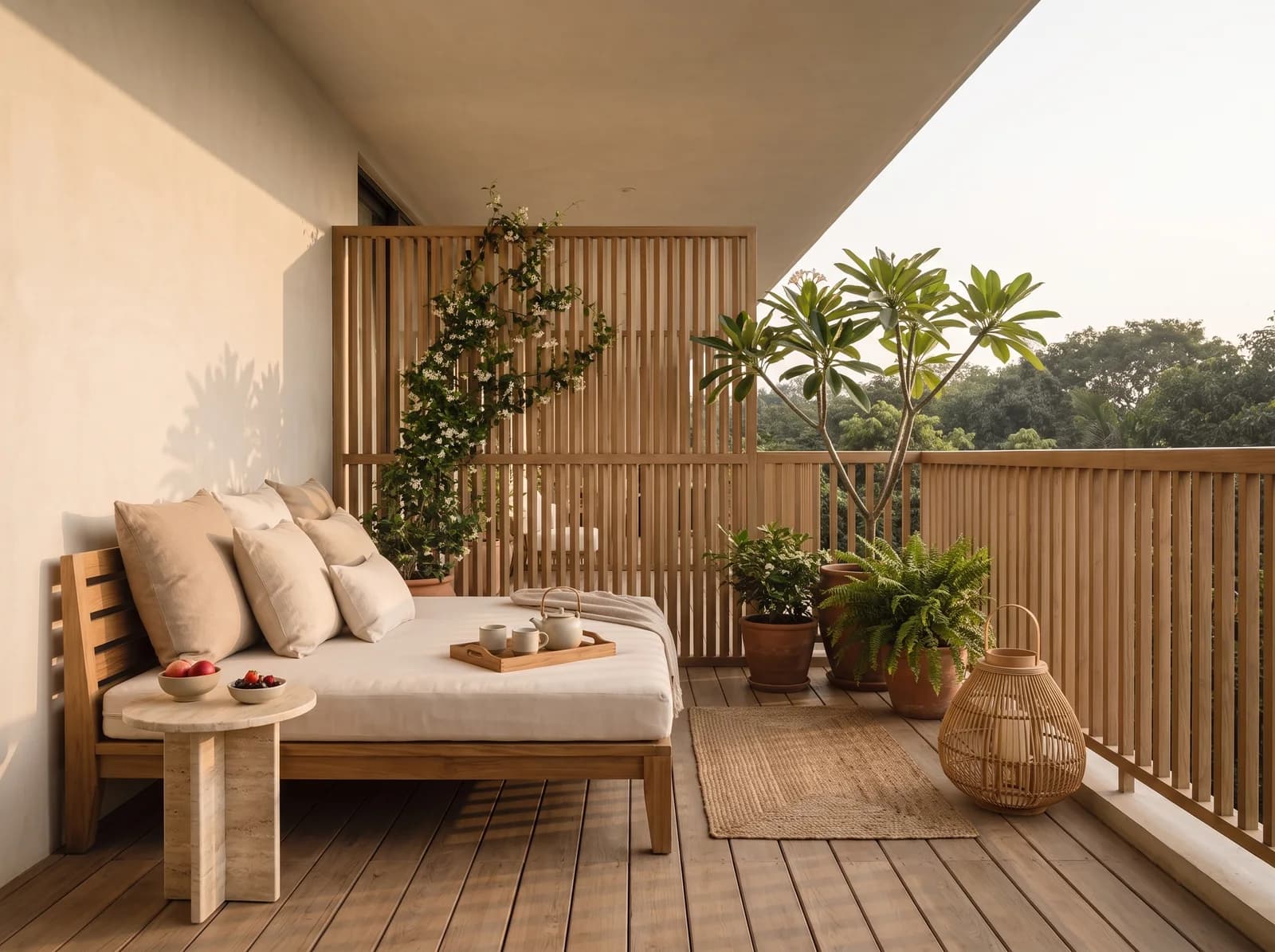 Private balcony with oak decking, a teak daybed with linen cushions, a slatted oak screen with a climbing plant, terracotta pots and a rattan lantern