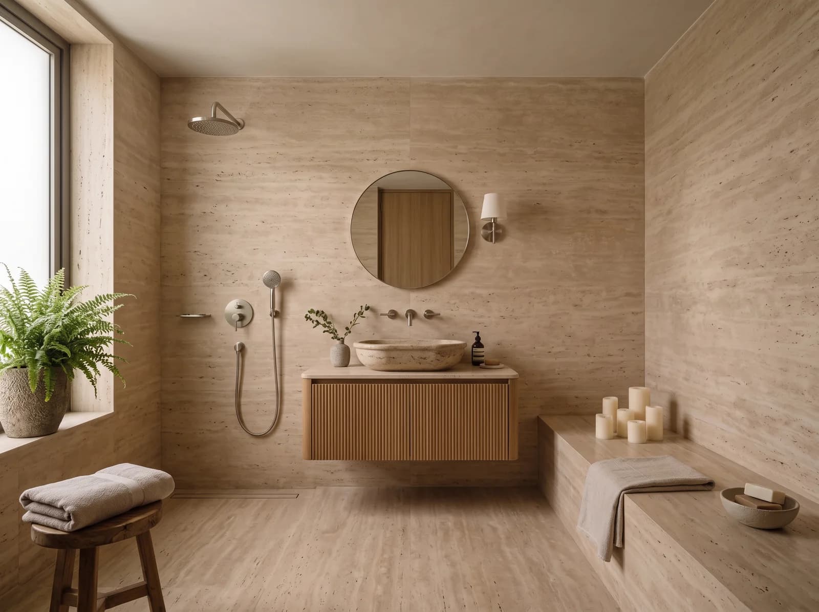 Bathroom in one warm travertine with a fluted oak floating vanity, a carved stone basin, a round mirror with a nickel wall light and a rain shower