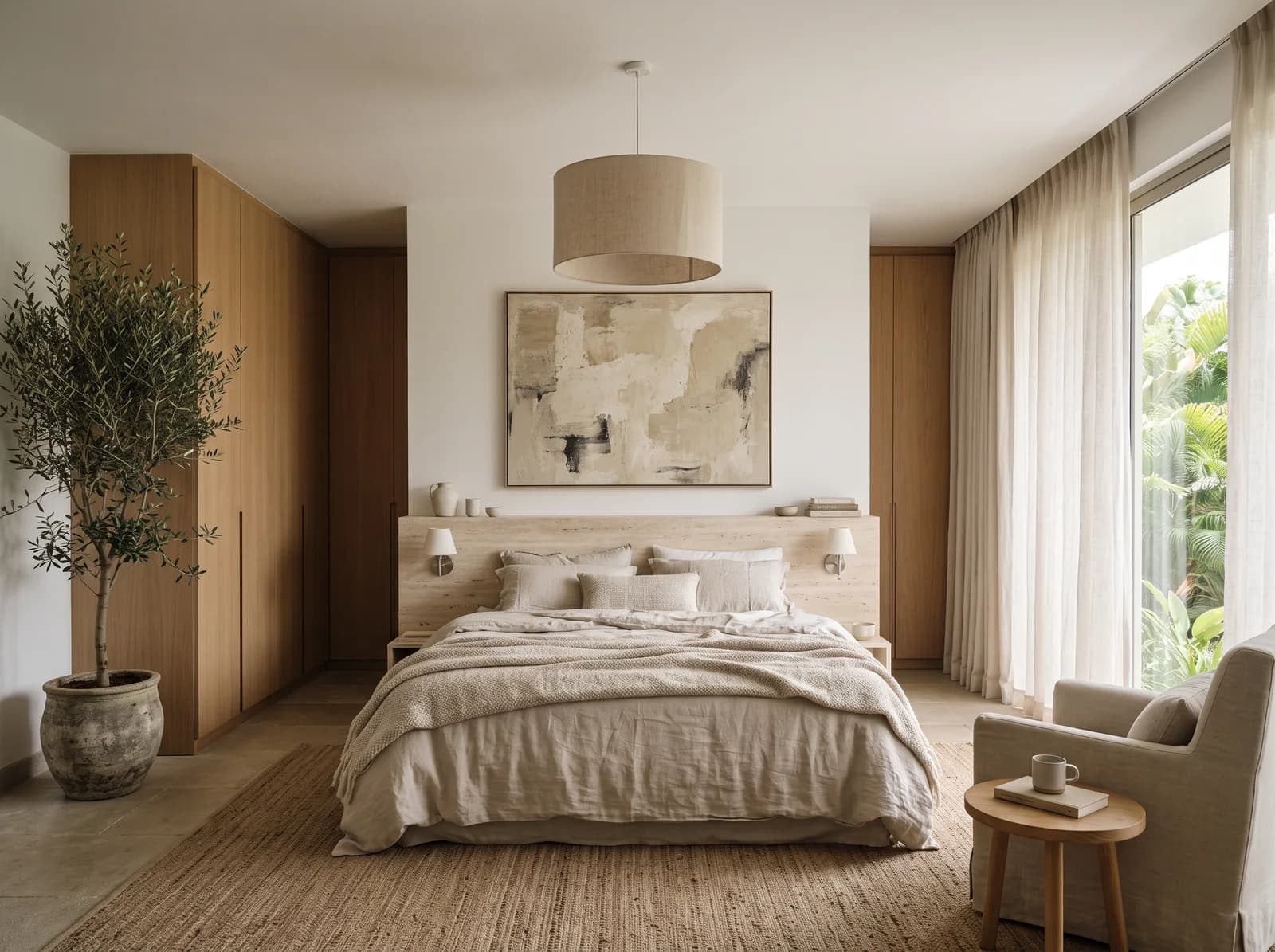Soft-minimalist primary bedroom with linen, pale timber and a dressing room beyond, in a Hebbal villa suite designed by Élara & Co.