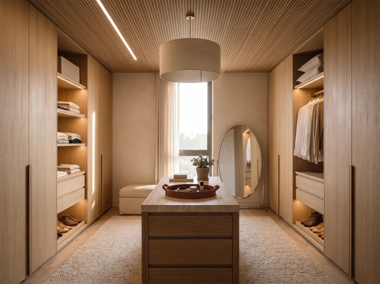 Walk-through dressing room with oak wardrobes and lit open shelves, a slatted oak ceiling with a linear light, a linen drum pendant, an oak island with a travertine top and a leaning mirror