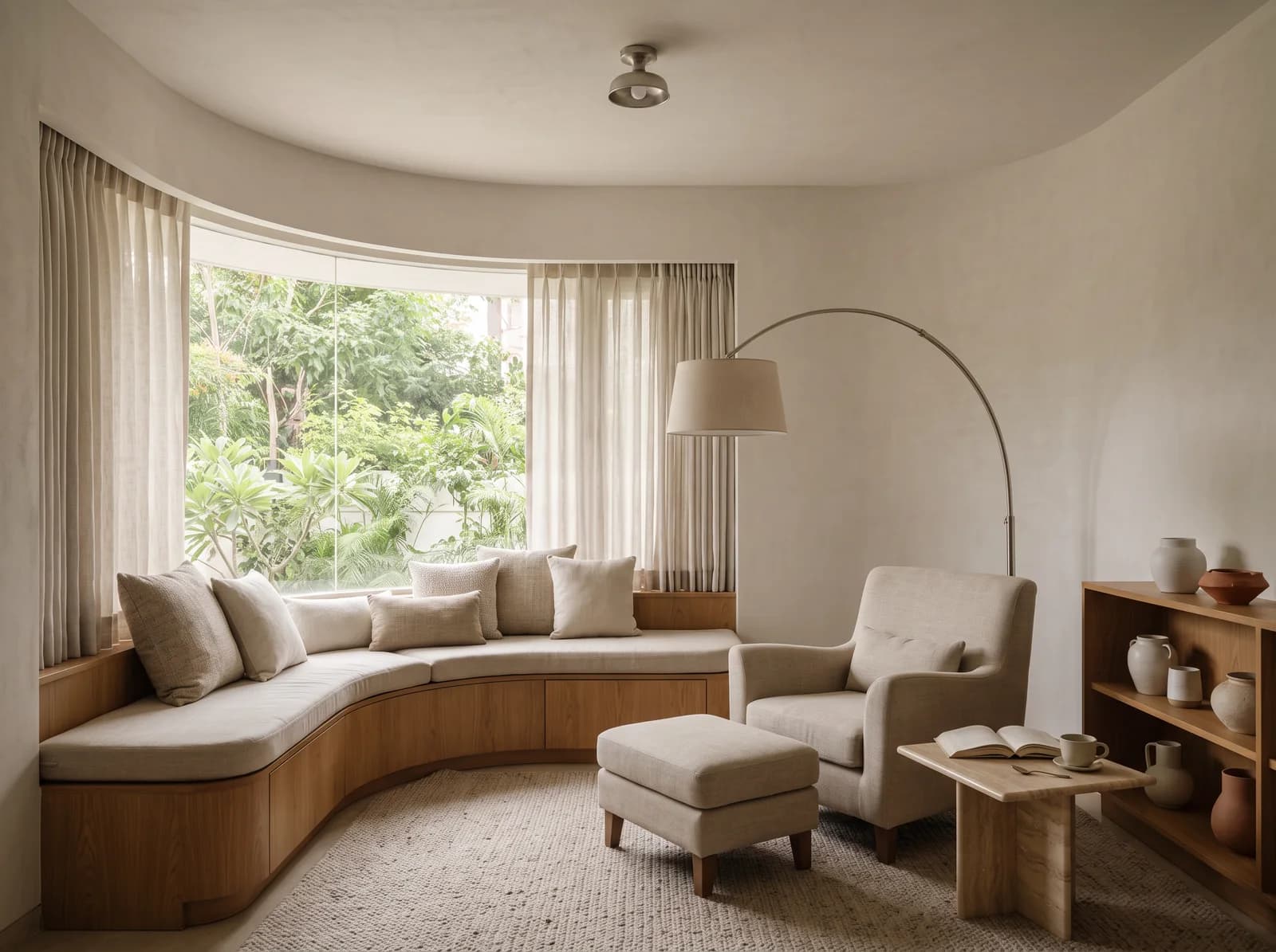 Curved sitting nook with a built-in oak window seat, an oatmeal armchair and footstool, a nickel arc lamp and a small oak bookshelf