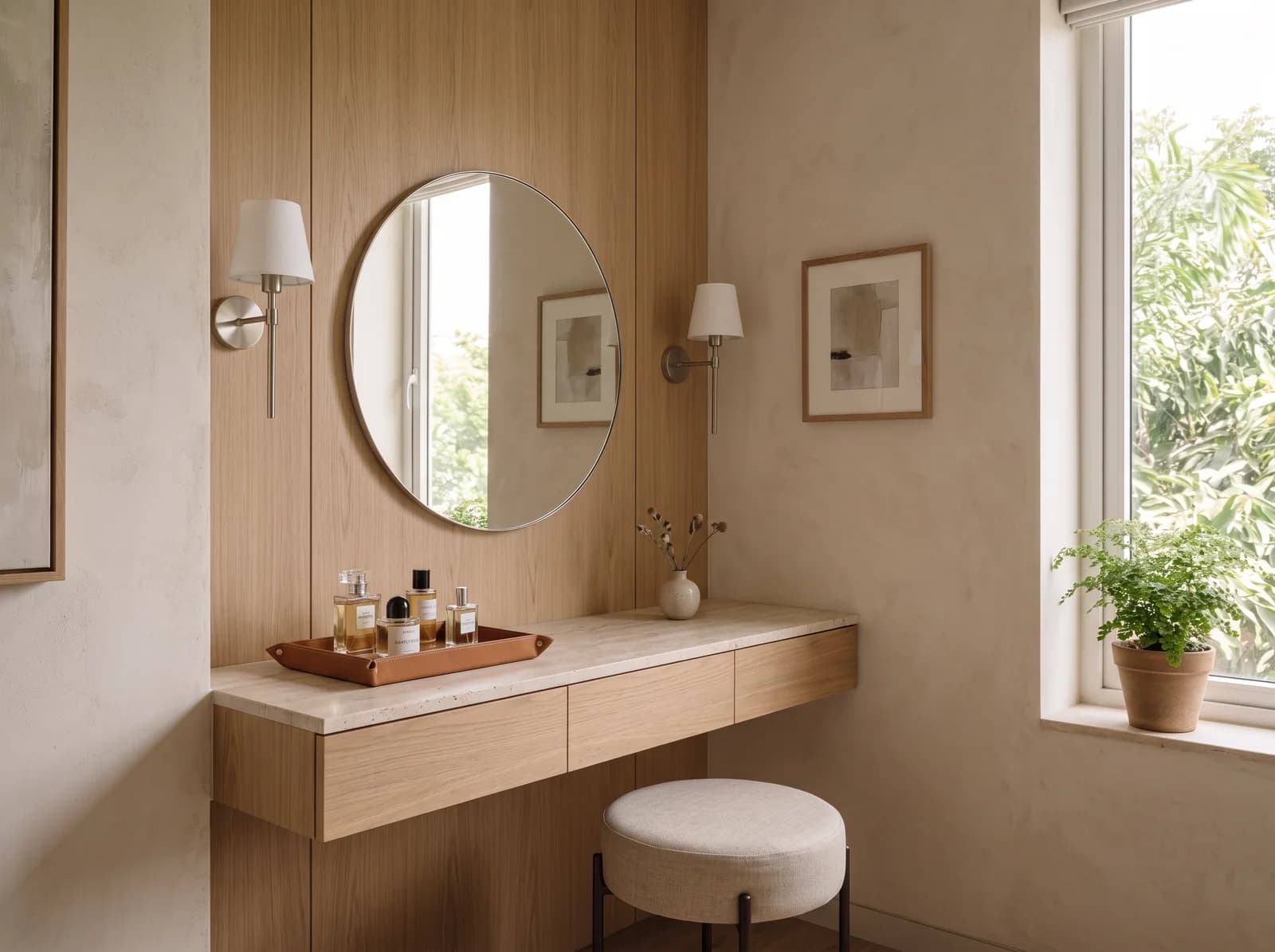 Dressing table alcove with a floating oak vanity, a round mirror set into oak panelling with a nickel lamp either side, a linen stool and framed prints