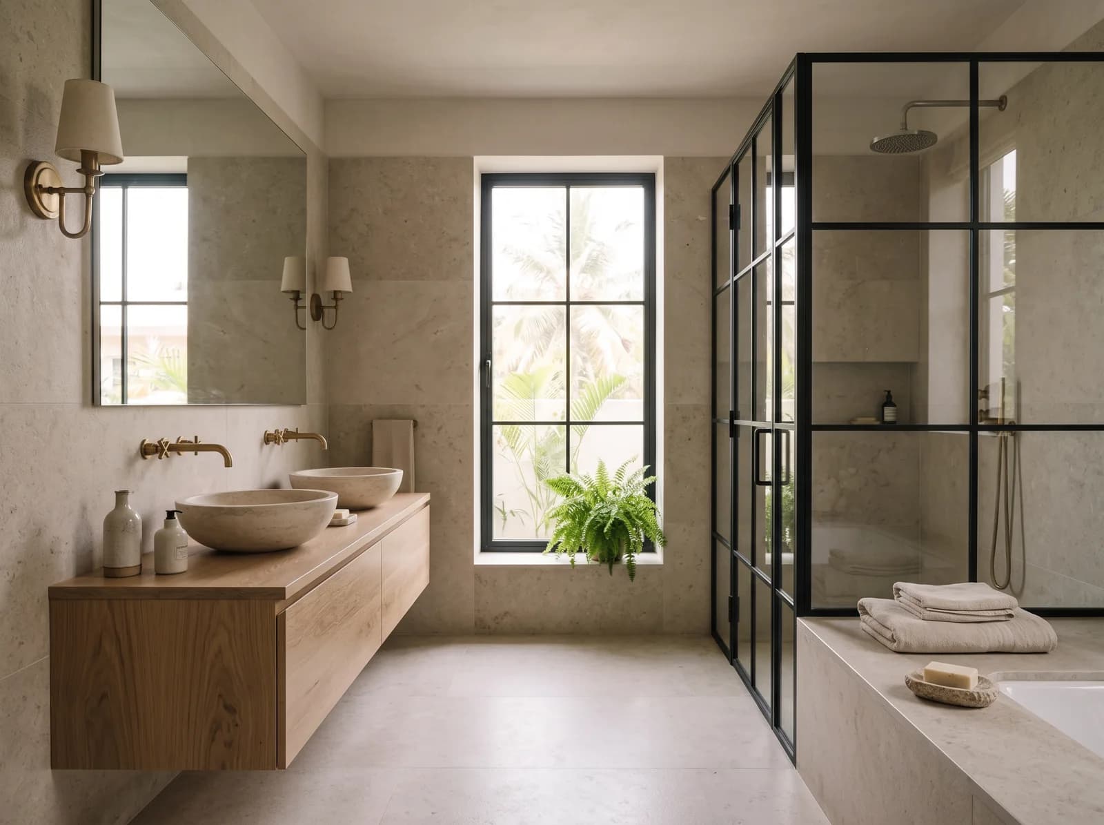 Primary bathroom in honed limestone with a floating white oak vanity, twin stone basins, brass taps and wall lights, a black steel-framed glass shower and a window with a fern